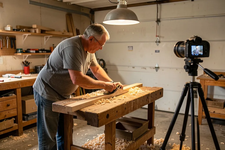 A woodworker planing a board in a garage while a camera on a tripod records