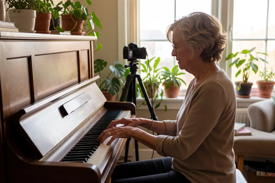 A piano teacher playing an upright piano while a camera films her hands