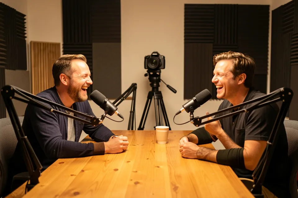 Two podcast hosts laughing at a table with microphones and a camera
