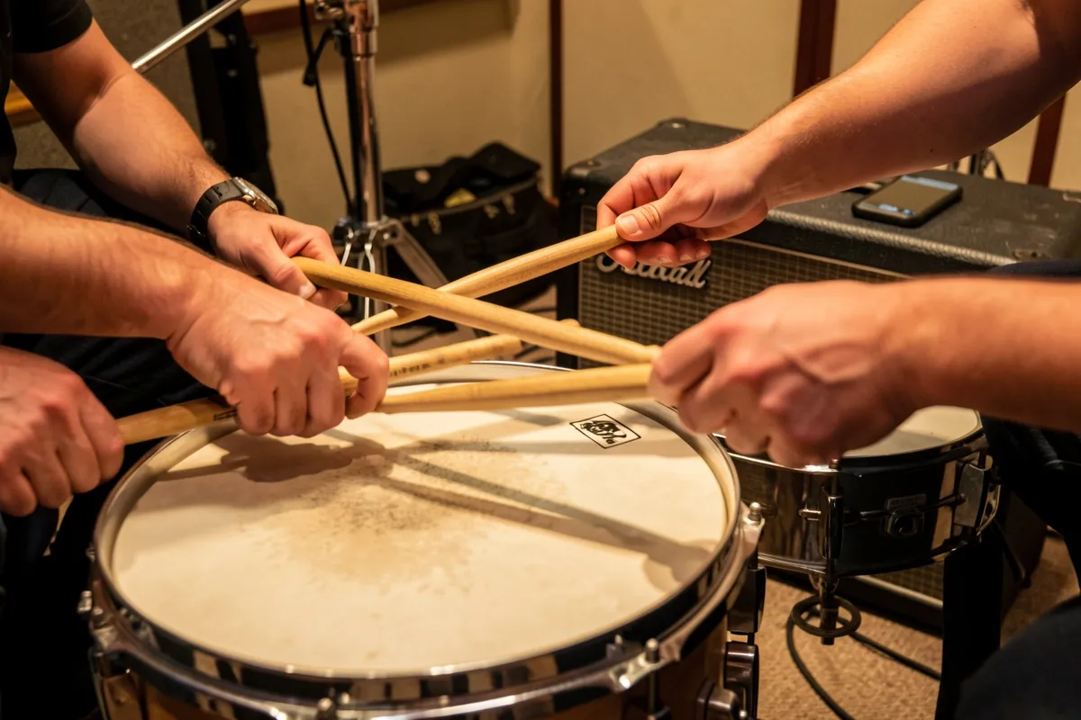 Hands resting drumsticks on a snare drum in a rehearsal room