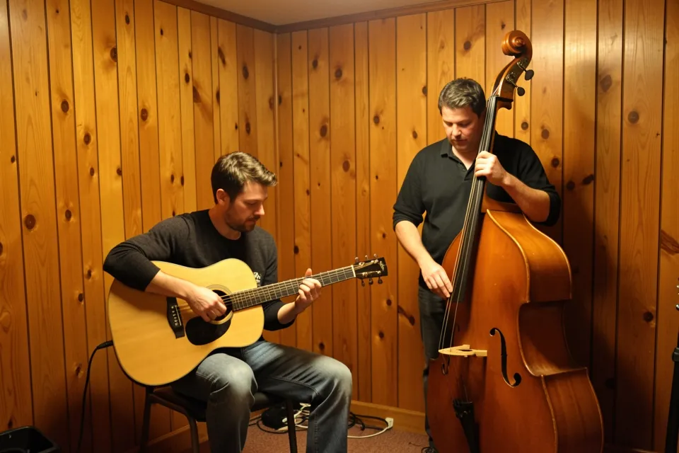 Two musicians rehearsing with an acoustic guitar and a double bass