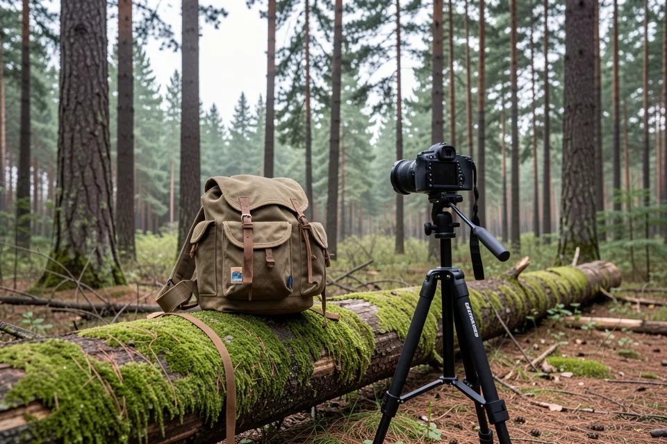 A maker filming a handmade canvas backpack on a mossy log in a forest
