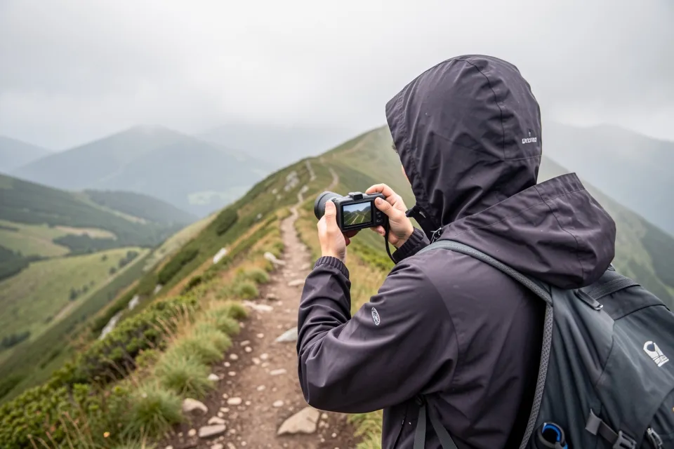 A hiking guide filming a misty ridge trail with a handheld camera